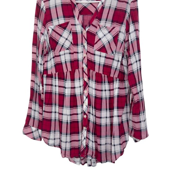 Torrid Womens Pink Baby Doll Plaid Button-Up Tunic Top Size 0 100% Rayon - Picture 9 of 11